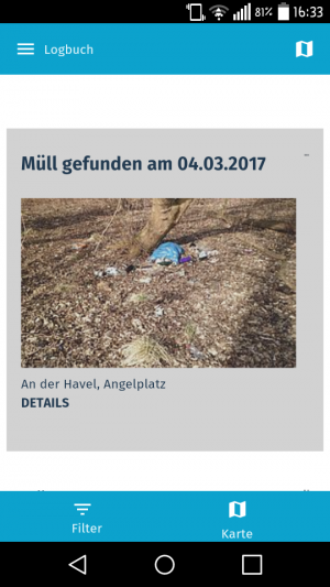 Screenshot aus der Gewässerretter-App: Logbuch