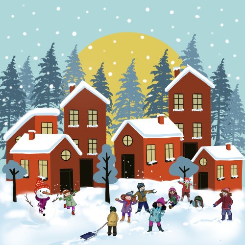Kinder spielen vor roten Häusern im Schnee