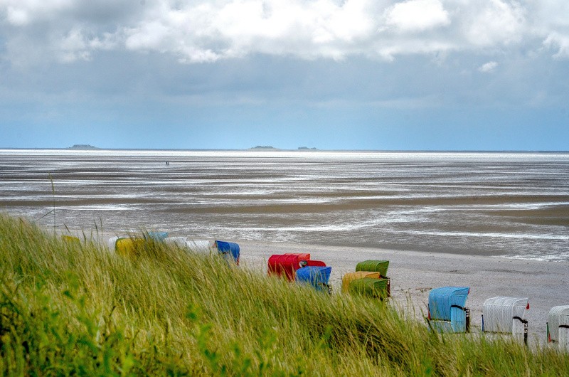 Strand mit bunten Strandkörben auf Föhr