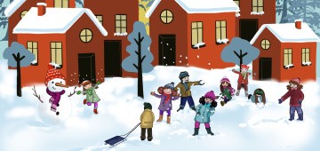 Kinder spielen vor roten Häusern im Schnee