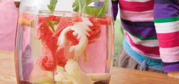 Sommer-Bowle für Kinder aus Früchtetee, Saft und Mineralwasser mit Tieren aus Obst Sommer-Bowle für Kinder aus Früchtetee, Saft und Mineralwasser mit Tieren aus Obst