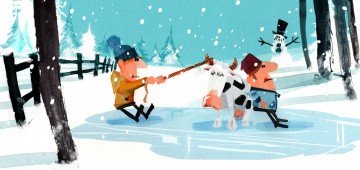 Illustration der Redewendung "Kuh vom Eis holen" Illustration der Redewendung "Kuh vom Eis holen"