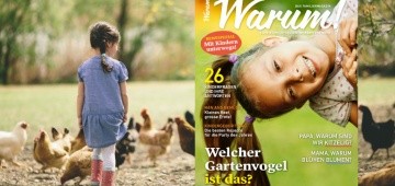 Warum!-Frühlingsausgabe 2/2017 auf Hintergrundbild mit Kind und Hühnern